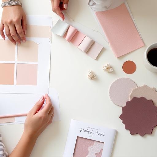 Immagine di campioni di colore e materiali disposti su un tavolo di design, pronti per la selezione.